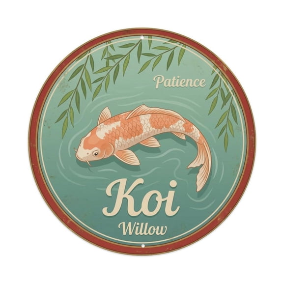 Koi Fish Patience Willow Gentle Shade Calm Waiting Quiet Vintage Metal Tin Sign Plaque Wall Decor for Cafe, Club, Garden Round Metal Poster 8x8Inch