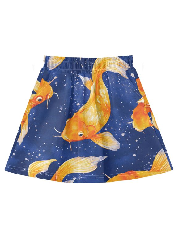 Koi Fish Pattern Cotton Skirt Built-in Liner Elastic A-Line Flared Skirt with Pockets