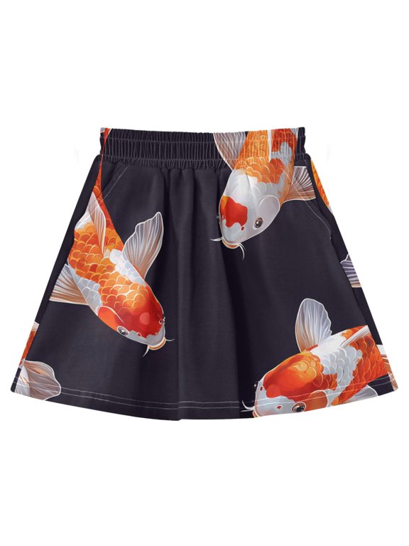 Koi Fish Pattern Cotton Skirt Built-in Liner Elastic A-Line Flared Skirt with Pockets