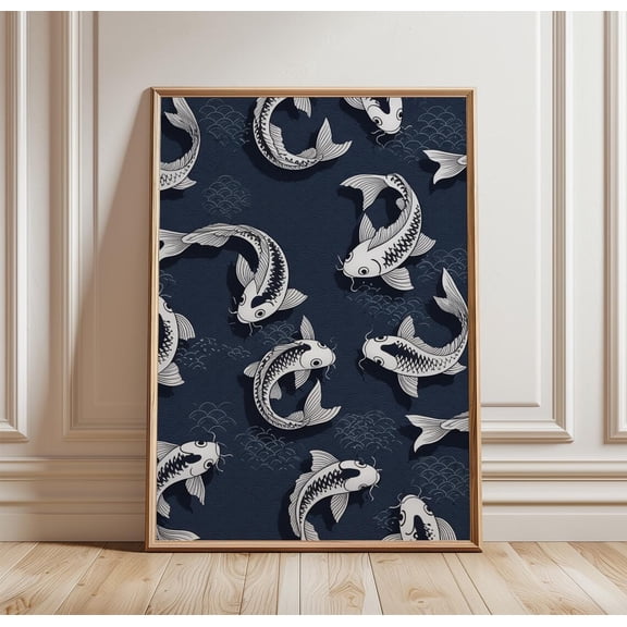 Koi Fish Pattern Japanese Ocean Dark Blue Wall Art Decor Unframed Paper Print