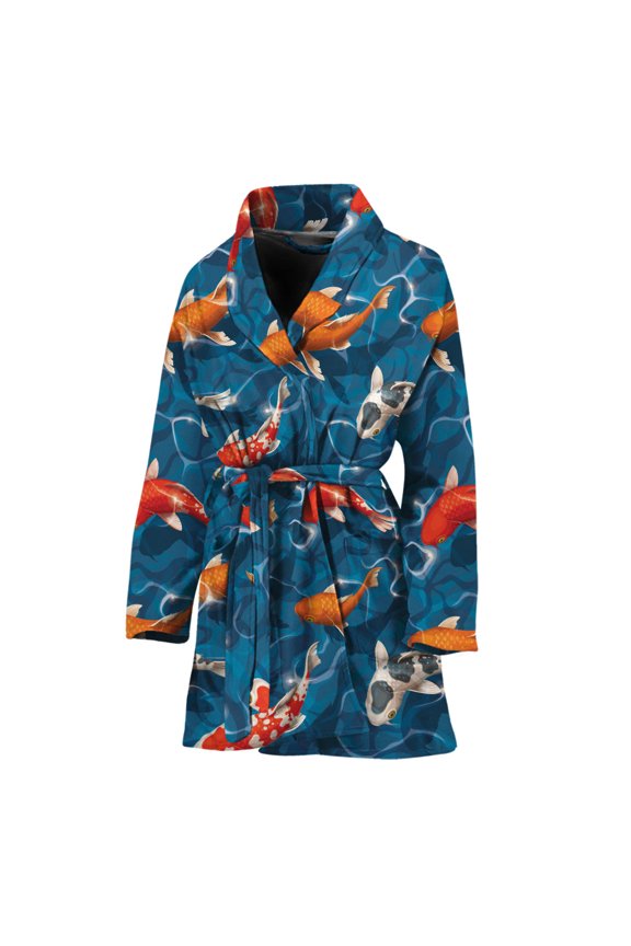 Koi Fish Pattern Women Bathrobe One Size Univeral Fits, Koi Fish Fashion Lightweight Plush Fleece Long Robe For Women