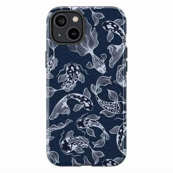 Koi Fish Phone Case – Japanese-Inspired Dark Blue Water Pattern Phone Cover for iPhone 16 15 14 13 12 11 Pro Max
