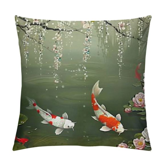 Koi Fish Pillow Sham, Japanese Koi Fish Painting Style Hanging Cherry Flowers Floating Leaves, Decorative Standard Queen Size Printed Pillowcase, Orange White