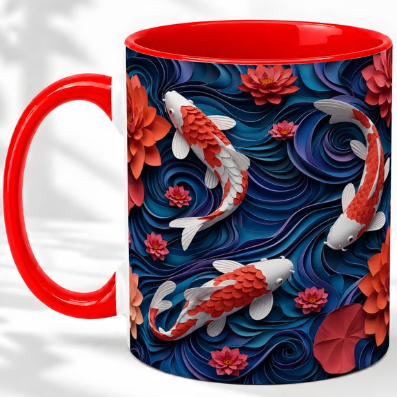 Koi Fish Pond Accent Mug, 11oz Ceramic Coffee Cup for Fish Lovers