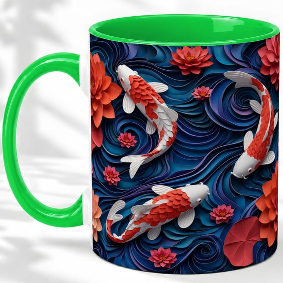 Koi Fish Pond Accent Mug, 11oz Ceramic Coffee Cup for Fish Lovers