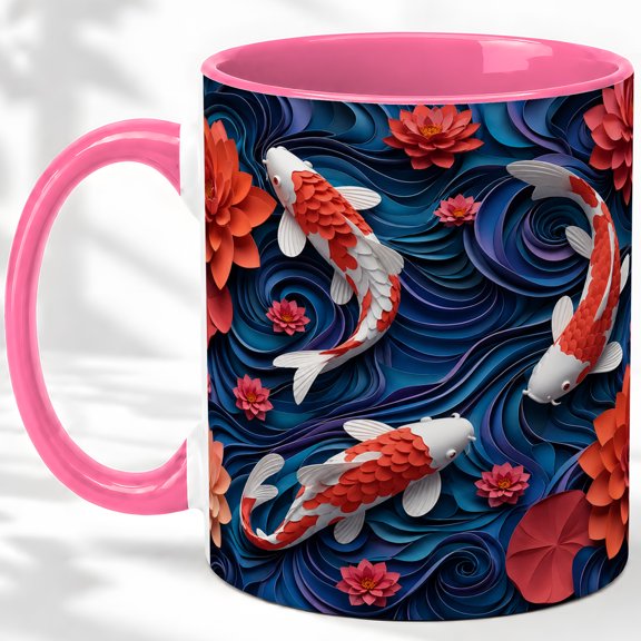 Koi Fish Pond Accent Mug, 11oz Ceramic Coffee Cup for Fish Lovers