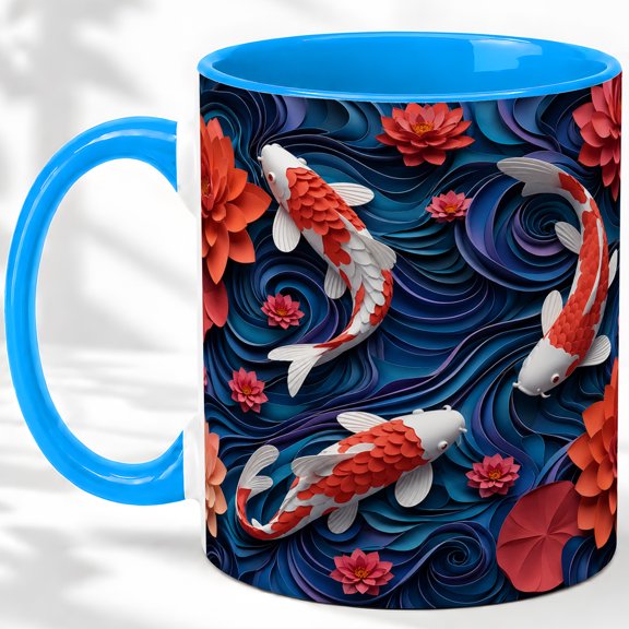Koi Fish Pond Accent Mug, 11oz Ceramic Coffee Cup for Fish Lovers