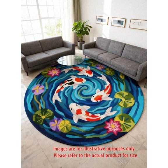 Koi Fish Pond Area Rug - Round Multicolor Blue Design, Non-Slip Backing, Jumbo Size 03