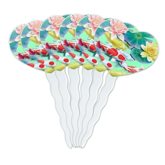 Koi Fish Pond Water Dance Heart Love Cupcake Picks Toppers Decoration Set of 6