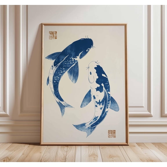 Koi Fish Poster Japanese Wall Art Print Blue Ink Brush Painting Zen Minimalist Decor Tradi