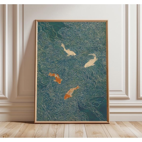 Koi Fish Poster Japanese Water Illustration Teal Blue Nature Wall Art