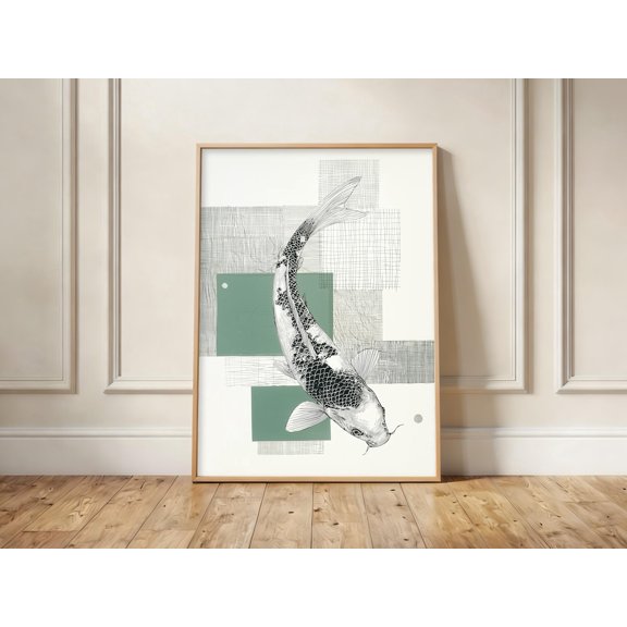 Koi Fish Print Japanese Inspired Linework Art Minimalist Asian Decor, Unframed Paper Print