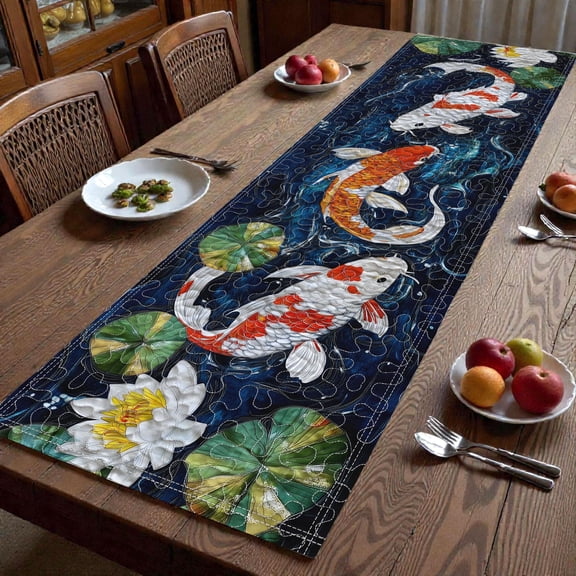 Koi Fish Quilt Table Runner Japanese Pond Table Runner Water Lily Dining Table Decor Zen Inspired Quilted Runner