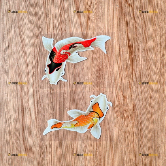 Koi Fish Red Yellow Japanese Carp Sticker Decal Vinyl - 2 Fishes Reflective, 4 Inches - For Car Boat Laptop Window 02141
