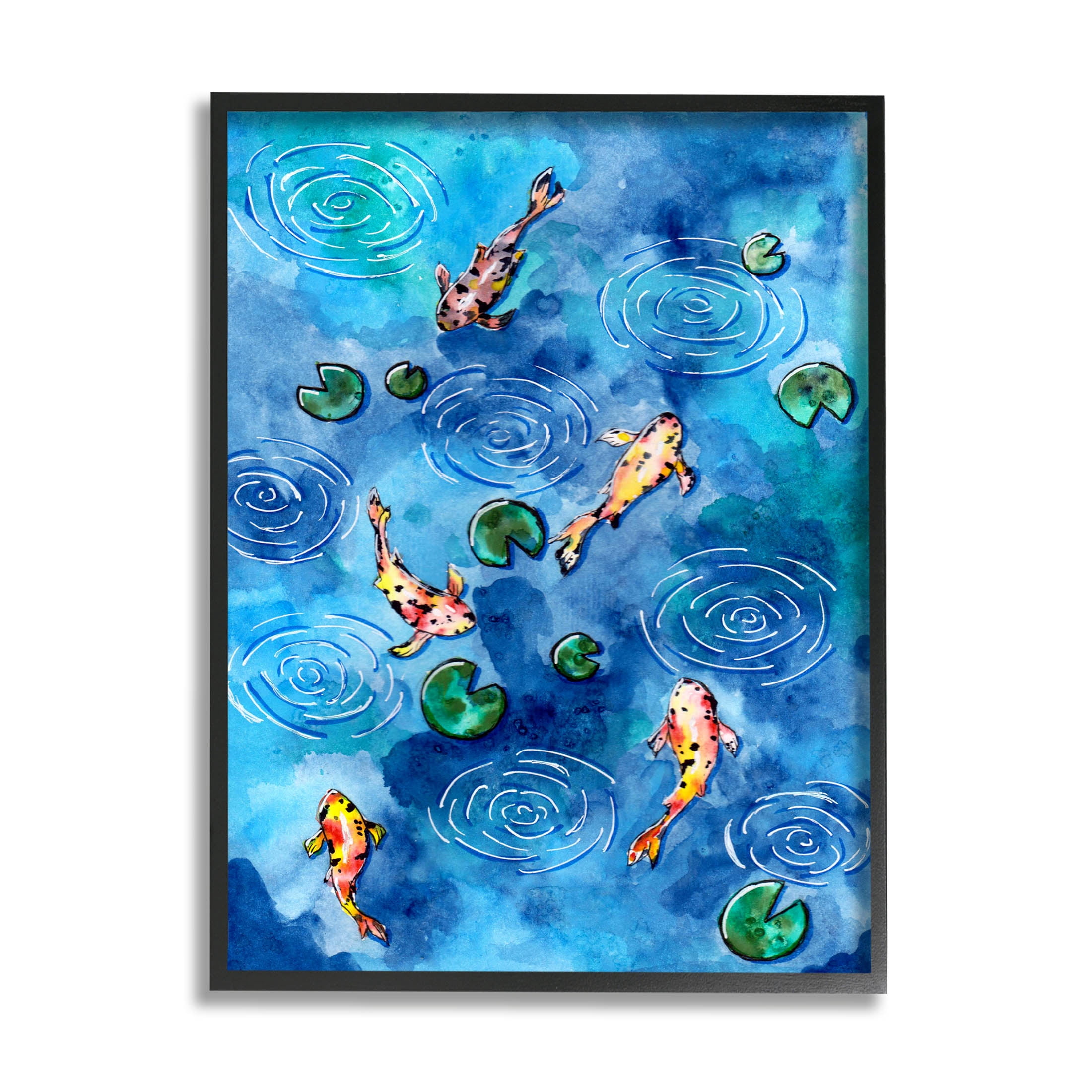 Koi Fish Ripples Pond Lilies Animals & Insects Painting Black Framed Art Print Wall Art