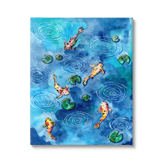 Koi Fish Ripples Pond Lilies Animals & Insects Painting Gallery Wrapped Canvas Print Wall Art
