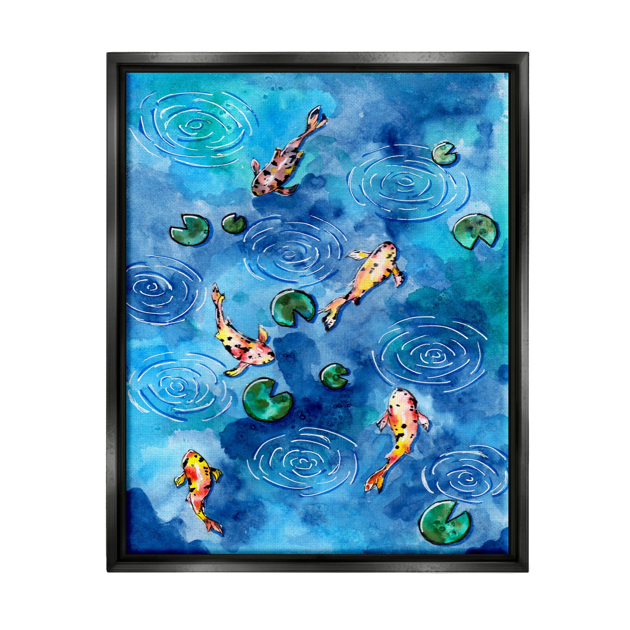 Koi Fish Ripples Pond Lilies Animals & Insects Painting Jet Black Framed Art Print Wall Art