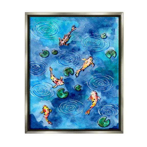 Koi Fish Ripples Pond Lilies Animals & Insects Painting Luster Gray Framed Art Print Wall Art
