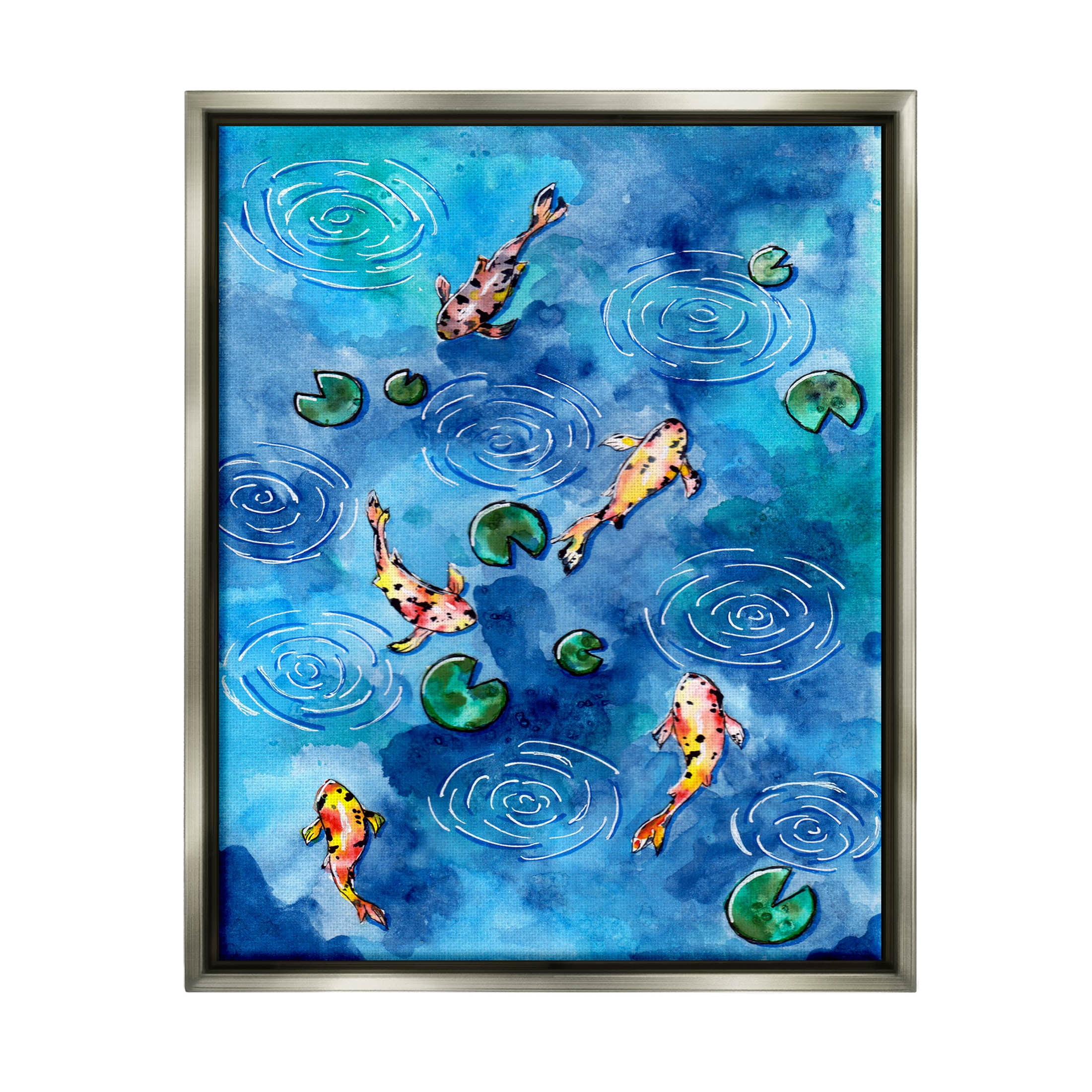 Koi Fish Ripples Pond Lilies Animals & Insects Painting Luster Gray Framed Art Print Wall Art