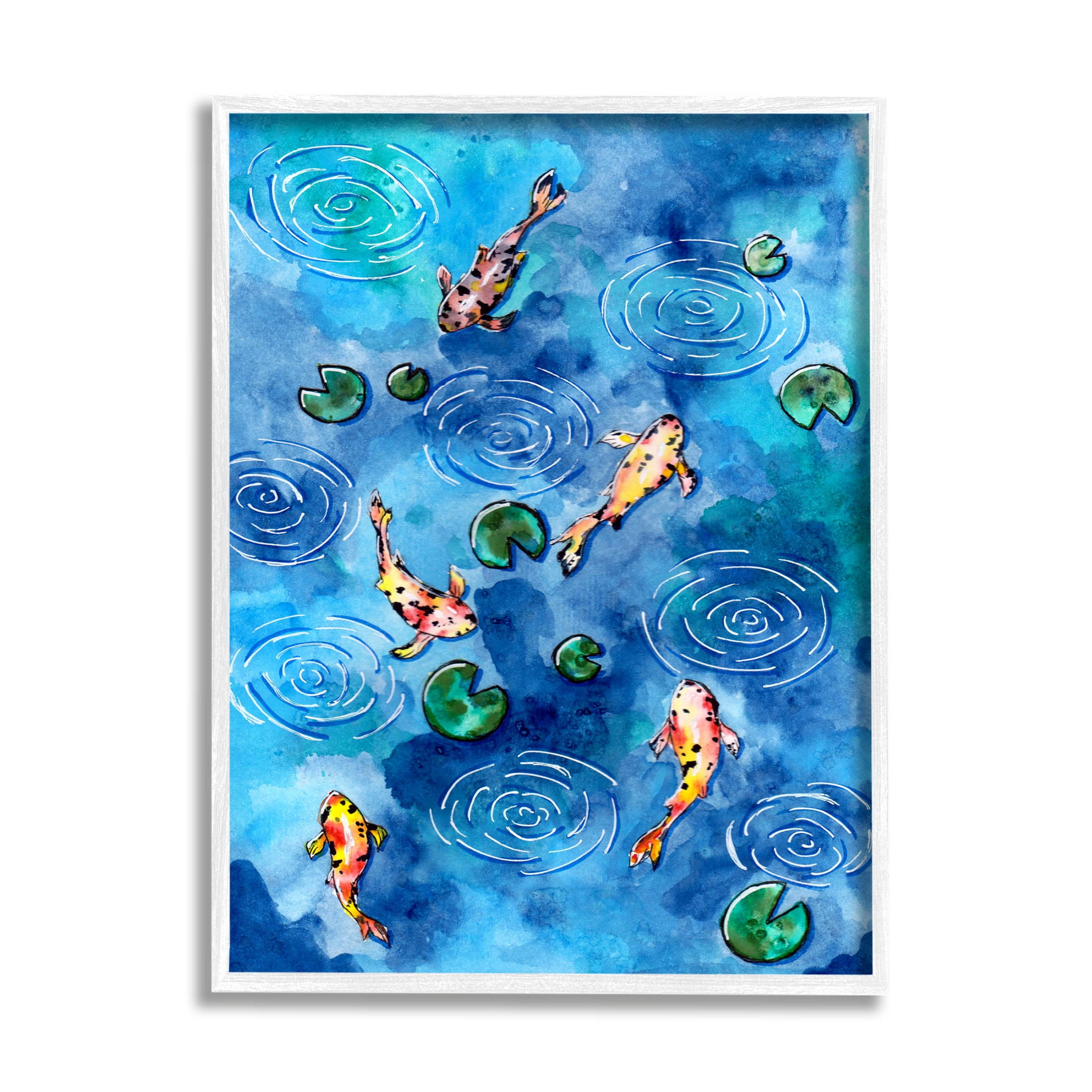 Koi Fish Ripples Pond Lilies Animals & Insects Painting White Framed Art Print Wall Art