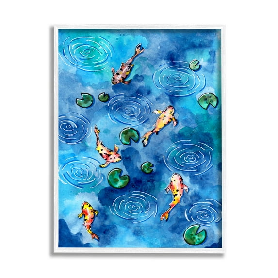 Koi Fish Ripples Pond Lilies Animals & Insects Painting White Framed Art Print Wall Art