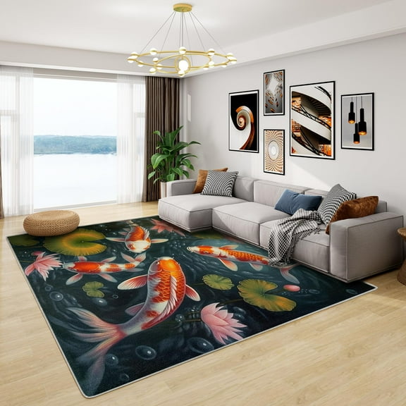 Koi Fish Rug, Lotus Flower Rugs For Living Room Bedroom, Washable Non Slip Soft Large Carpet, Patterned Area Rugs & Home Decor