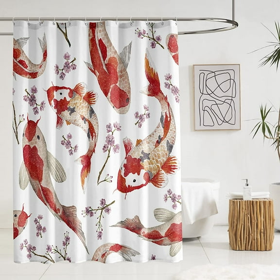 Koi Fish Shower Curtain, Red River Fish Pink Cherry Blossoms Luck Animal Asian Traditional White Fabric Bath Curtain Waterproof Japanese Bathroom Decor with Hooks 72x72 Inches