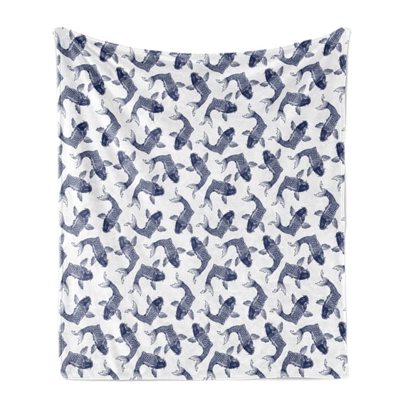 Koi Fish Soft Flannel Fleece Blanket, Carp Koi Sketch Drawing with Detailed Fish Scales Pattern Eastern Marine Life, Cozy Plush for Indoor and Outdoor Use, 50" x 70", Navy Blue White, by Ambesonne