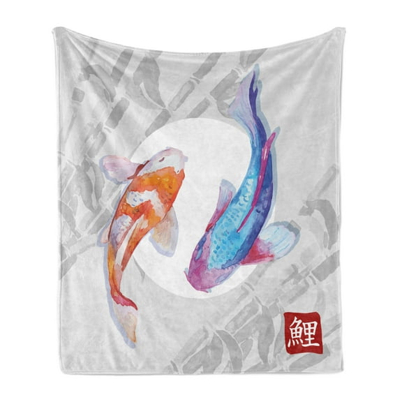 Koi Fish Soft Flannel Fleece Blanket, Watercolor Style Japanese Animals Couple Design Grunge Brushstrokes Based Paint, Cozy Plush for Indoor and Outdoor Use, 70" x 90", Blue Orange, by Ambesonne