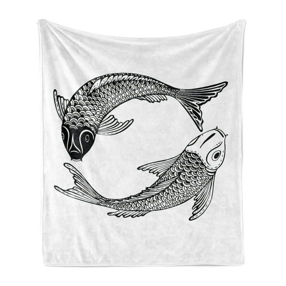 Koi Fish Soft Flannel Fleece Throw Blanket, Illustration of 2 Japanese Carps of Love Friendship and Prosperity, Cozy Plush for Indoor and Outdoor Use, 70" x 90", Black and White, by Ambesonne