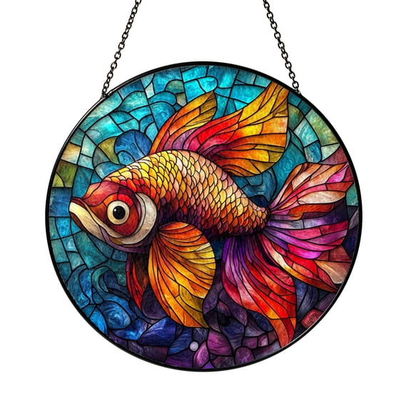 Koi Fish Stained Glass Suncatcher, Circular Colorful Koi Window Hanging, Symbol of Luck and Prosperity, Decorative Sun Catcher Gift