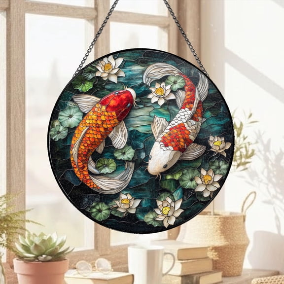 Koi Fish Stained Glass Suncatcher, Lotus Pond Window Hanging, Yin Yang Koi Art Decor, Feng Shui Gift, Japanese Style Home Ornament