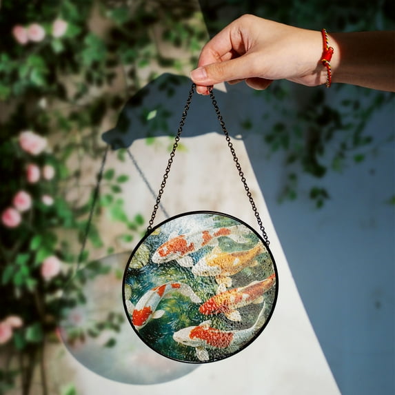Koi Fish Stained Glass Window Hanging - Handmade Sun Catcher, Feng Shui Home Décor, Lucky Goldfish Art Panel, Zen Meditation Gift, Japanese Inspired Wall Ornament