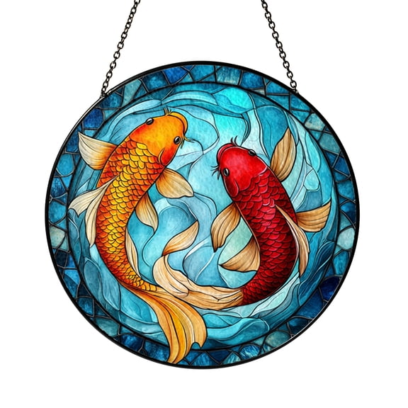 Koi Fish Stained Glass Window Panel – Colorful Water-Inspired Window Hanging
