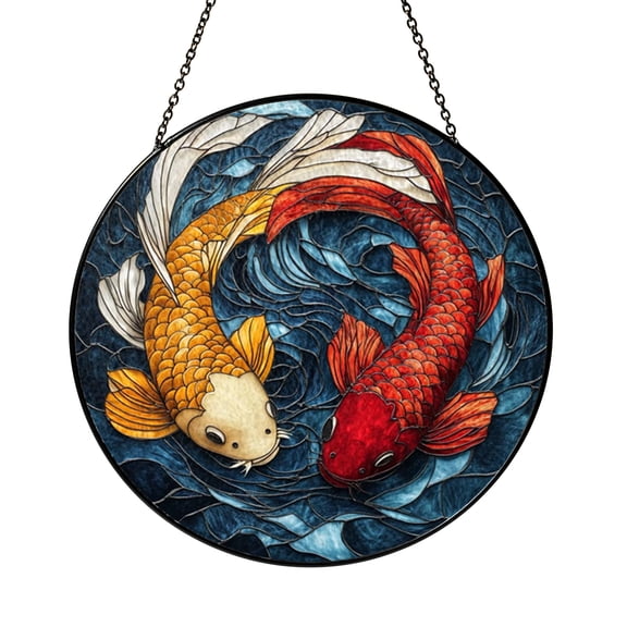 Koi Fish Stained Glass Window Panel – Water Scene Decor