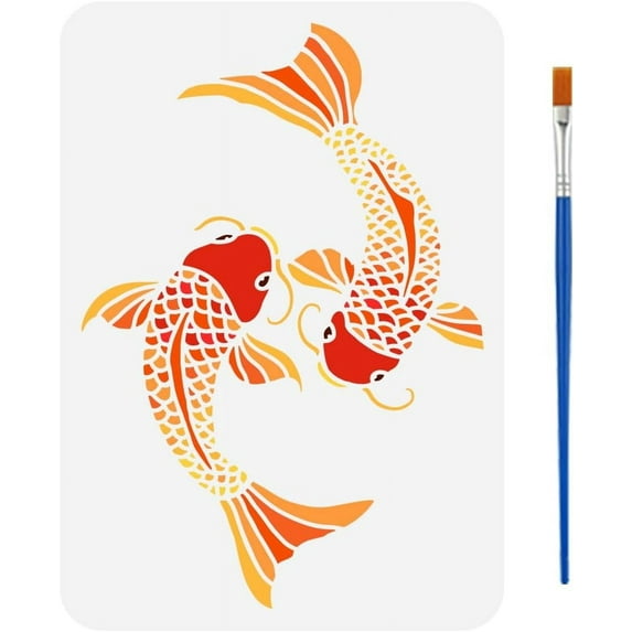 Koi Fish Stencil with Brush 8.3x11.7inch Decorative Fish Pattern Template Hollowed 2 Koi Fish Stencil Animal Theme Reusable Template Fish Stencil for Painting on Wood Clothes Fabric colorful