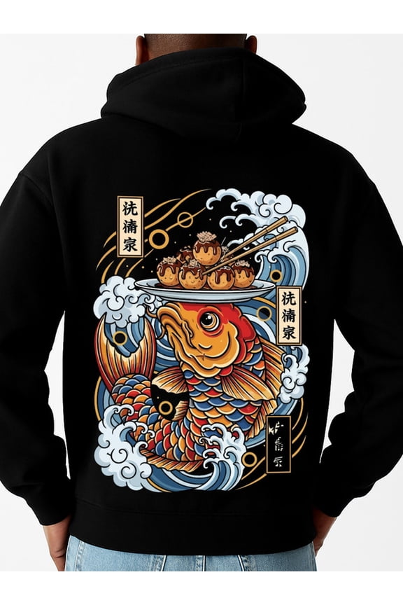 Koi Fish Sushi graphic hoodies carp for men sweater hoodie black Casual Outdoor Jogging & Fitness Training Pullover, Regular Fit, Hooded Design, Comfortable Pullover joyful fun Funny Unisex hoodie