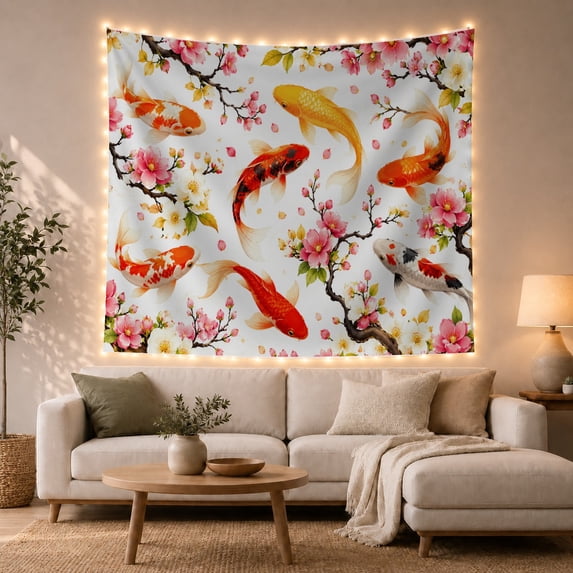 Koi Fish Swimming Among Cherry Blossoms with Pink Petals, Serene Japanese Inspired for Zen Decor Enthusiasts, Asian Wall Art, Housewarming Gift, Tapestry Wall Hanging for Bedroom and Living Room