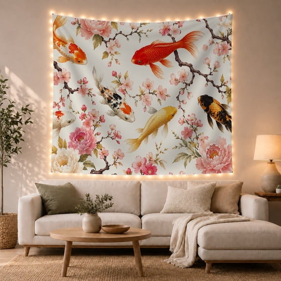 Koi Fish Swimming Among Cherry Blossoms in a Pond, Serene Japanese Inspired for Nature Lovers, Asian Art Decor, Housewarming Gift Tapestry Wall Hanging for Bedroom and Living Room