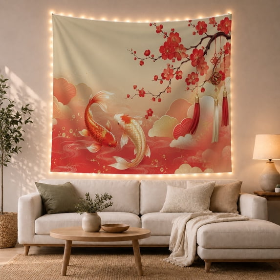 Koi Fish Swimming with Blossoms and Tassels, Tranquil Japanese Inspired for Nature Lovers, East Asian Wall Art, Housewarming Gift Tapestry Wall Hanging for Living Room, Bedroom and Dorm