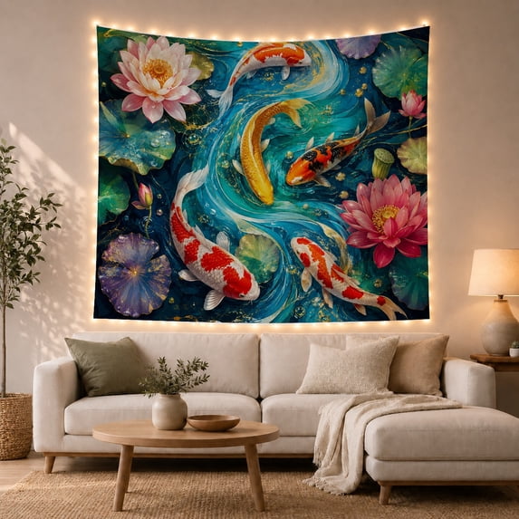 Koi Fish Swimming in Lotus Pond, Serene Japanese Inspired for Nature Lovers, Asian Wall Art, Housewarming Gift Tapestry Wall Hanging for Bedroom, Living Room and Dorm