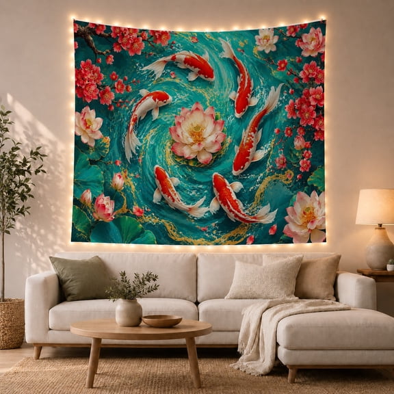 Koi Fish Swimming in a Swirling Lotus Pond, Serene Japanese Inspired for Zen Decor Enthusiasts, East Asian Motif Artwork, Housewarming Gift Tapestry Wall Hanging for Bedroom and Living Room