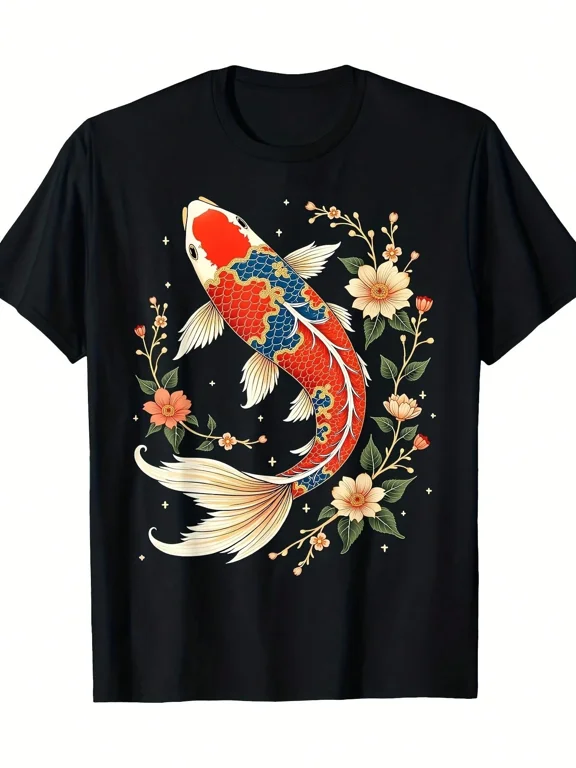 Koi Fish T Shirt Japanese Floral Pattern Unisex Casual Wear Gift Cotton Men's Women's Tee Shirt