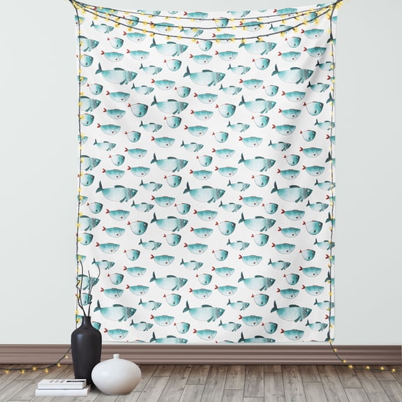 Koi Fish Tapestry, Cute Regular Different Sized Japanese Koi Fish Patterns Ocean Marine Underwater Theme, Wall Hanging for Bedroom Living Room Dorm Decor, 60W X 80L Inches, Teal, by Ambesonne