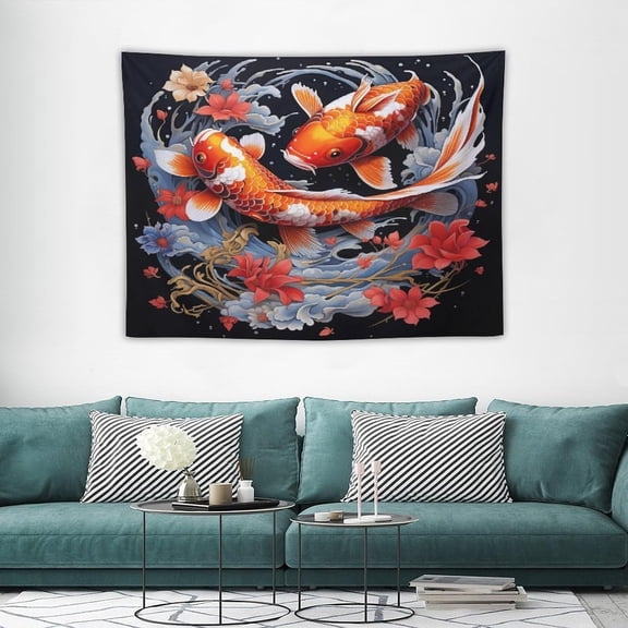 Koi Fish Tapestry Japanese Anime Art Red Flowers Waves Abstract Art Illustration Tapestry Wall Hanging for Living Bedroom Dorm Cafe Tea Room Aesthetic Decor W40xL30in