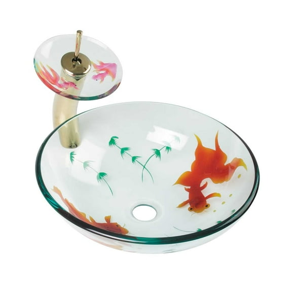 Koi Fish Tempered Glass Countertop Vessel Sink Combo 16.5" W Round Bathroom Washbasin, Drain and Waterfall Faucet Renovators Supply