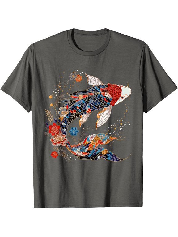 Koi Fish Vintage Flower Pattern Japanese Art Floral Koi Carp T-Shirt