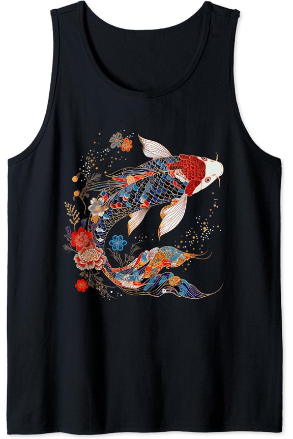 Koi Fish Vintage Flower Pattern Japanese Art Floral Koi Carp Tank Top Size S-3XL