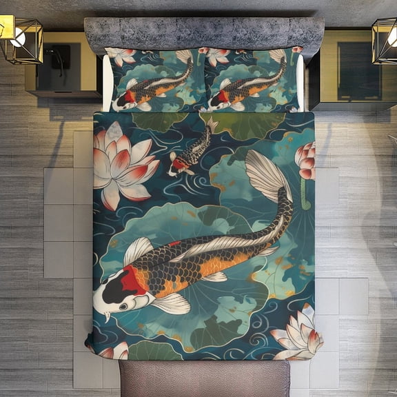 Koi Fish Vintage Flower Quilt Cover Set Fashionable Printed Bedding Covers with Pillowcase Home Textiles, King (90"x102")