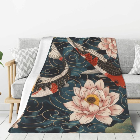 Koi Fish Vintage Japanese (21) Throw Blanket for Stylish Warm Winter Cabin Ultra-Soft Micro Fleece Blanket, Premium Microfiber, Silky Soft, Plush, Warm and Lightweight for Couch, Sofa, Bed - 50"X40"